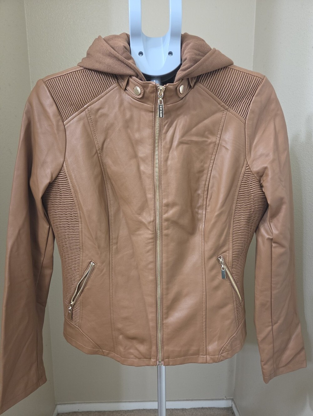 G by Guess Women's Tan Faux Leather Hooded Zip Jacket